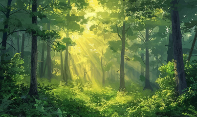 Dense forest with tall trees shrouded in lush greenery, pierced by the morning sun's rays. Vector illustration.