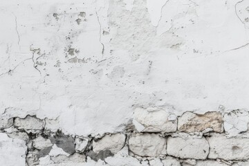 Obraz premium Weathered white plaster wall with exposed brick and cracks