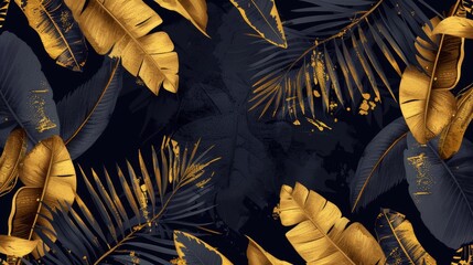 The tropical black gold leaves on dark background modern. A beautiful botanical horizontal design with tropic jungle leaves, exotic banana palms, and golden paint smears.