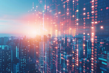 Obraz premium City view with hologram data online network.