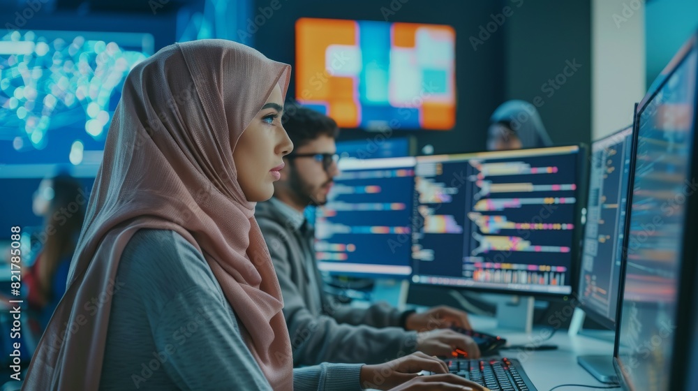 Poster arab young professionals working in a technological research and development agency. computer screen