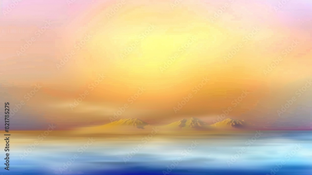 Wall mural a sunset painting with a mountain, water, and distant clouds - Wall murals