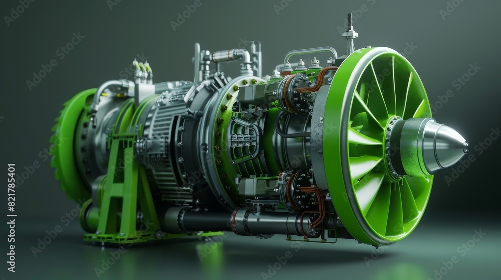 Poster mockup of 3d design for industrial sustainable green energy turbine engine in cad software. highly e