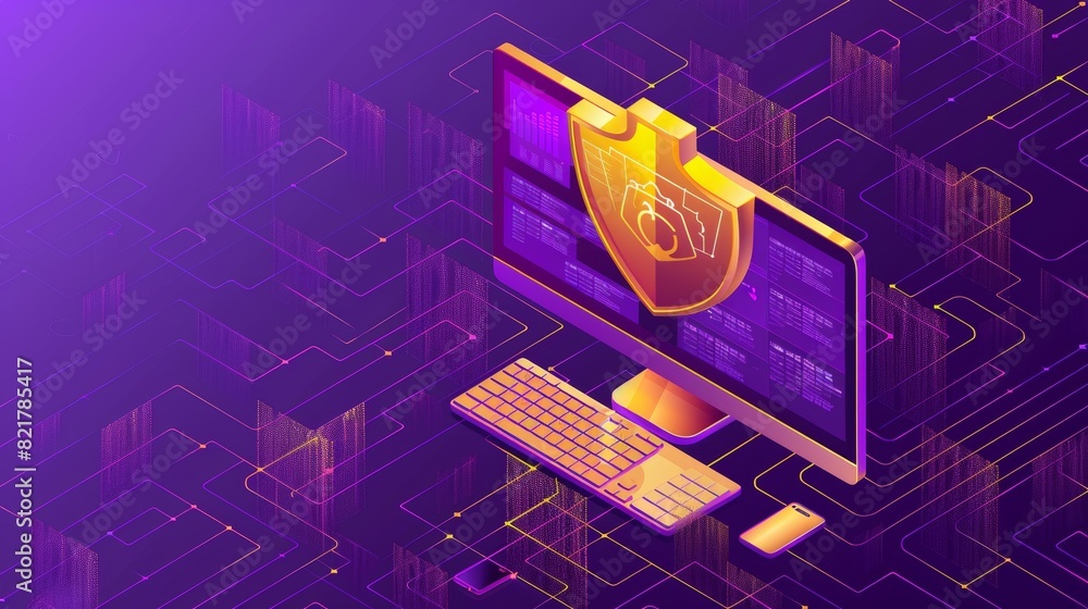 Poster isometric modern representing the concept of data protection, a shield guards the personal informati