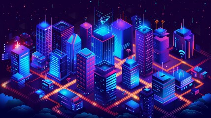 An isometric concept modern illustration of 5G network technology. A smart city with tall buildings isolated against a background of ultraviolet light. A page of high speed internet technology.