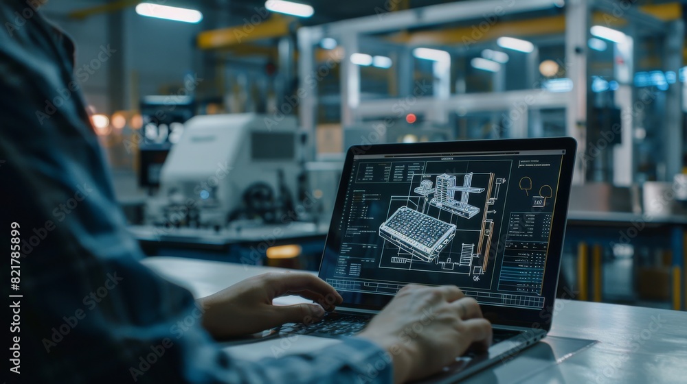 Poster in the background, modern factory equipment is visible. a close-up of an engineer holding a laptop, 