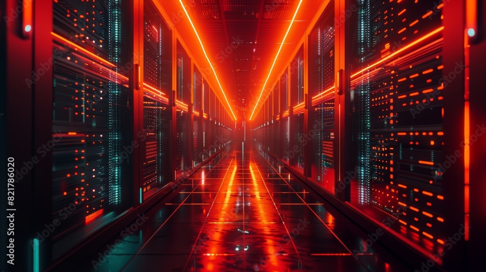 Poster the corridor in a working data center is full of rack servers and supercomputers with a projection o