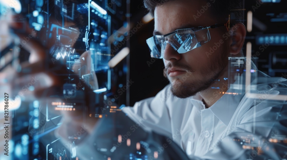 Poster in the near future, professional engineers work on transparent computer displays with clear screens 