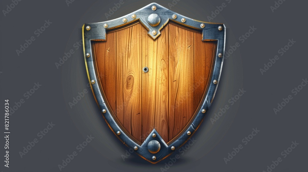 Poster the front view of a wooden shield with metal frame is isolated on a transparent background in the st