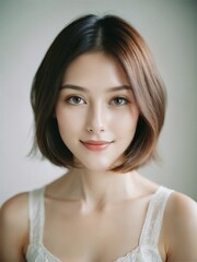 Fototapeta premium asian beautiful woman in white sundress bob shoulder length hair in white studio background