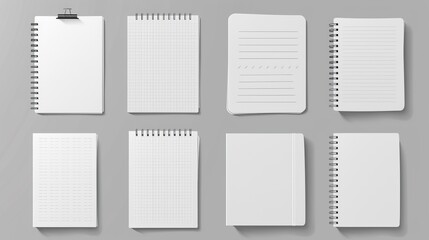 The notebook sheets set is a set of lined, checkered, and dotted pages that can be used for memo pads and a daily planner template notepad with a binder iron spiral isolated on gray background. The
