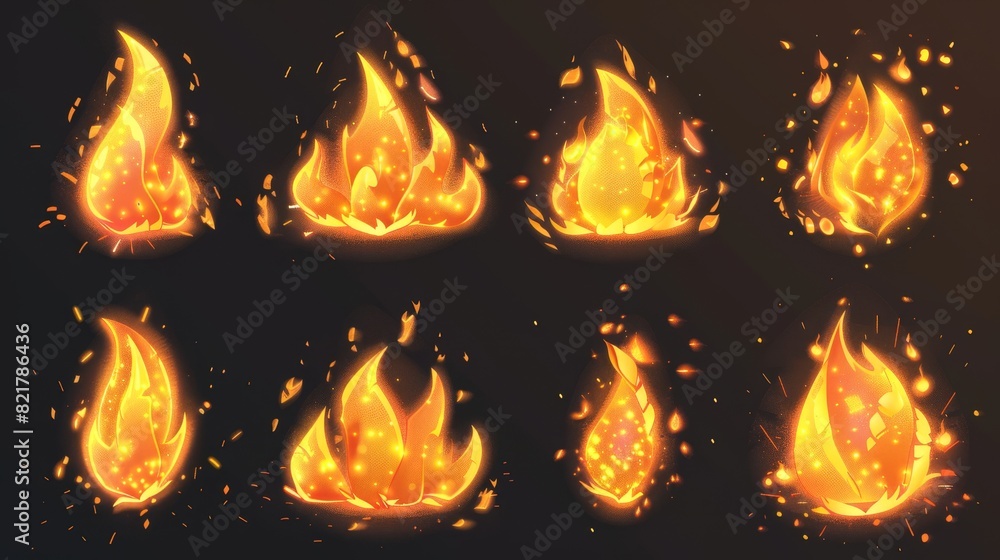 Poster a realistic fire set for animation set on a transparent background. burning blaze effect, glowing or
