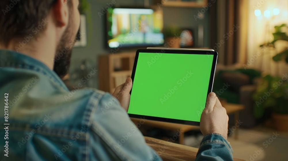 Poster sitting at a desk, man uses a mock-up screen digital tablet computer in portrait mode. in the backgr