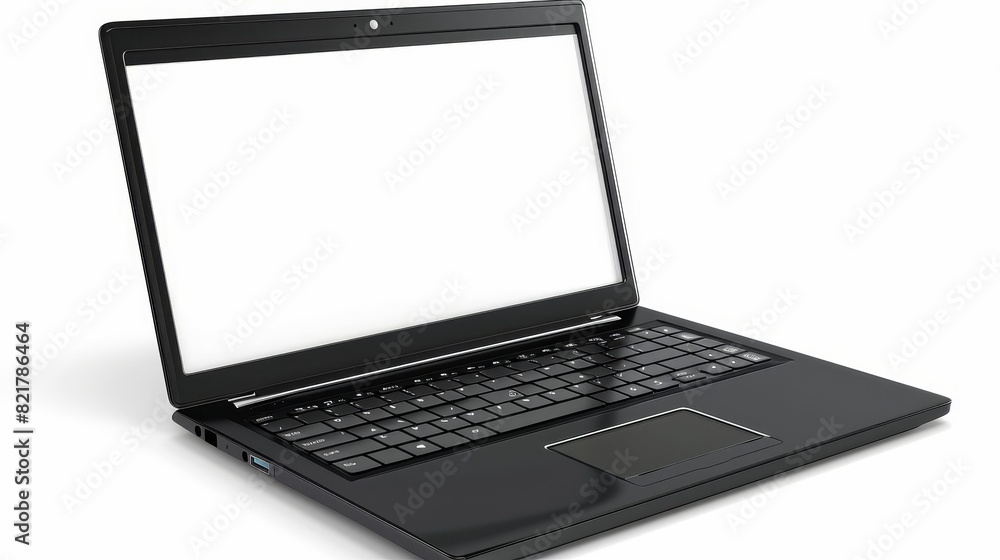 Poster front and angle views of a laptop computer with a white screen and keyboard. modern realistic mockup