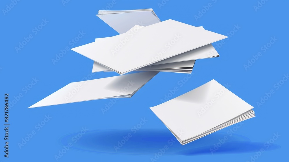 Poster an illustration of flying white paper sheets from a stack of documents. modern realistic illustratio