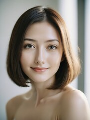 Naklejka premium asian beautiful woman in white sundress bob shoulder length hair in white studio background