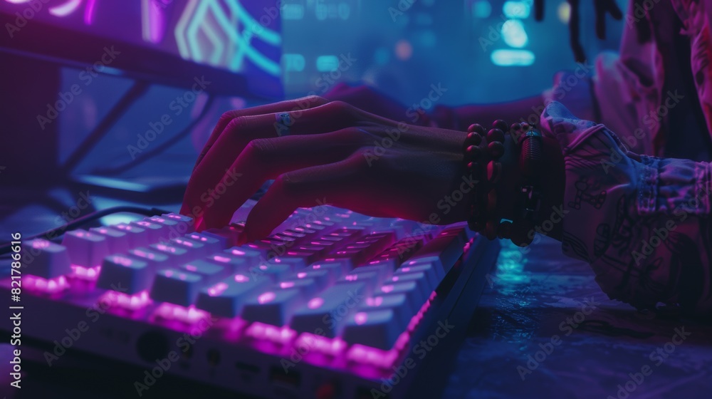 Poster detailed hands shot of a gamer using the keyboard while playing an online shooter video game. neon l