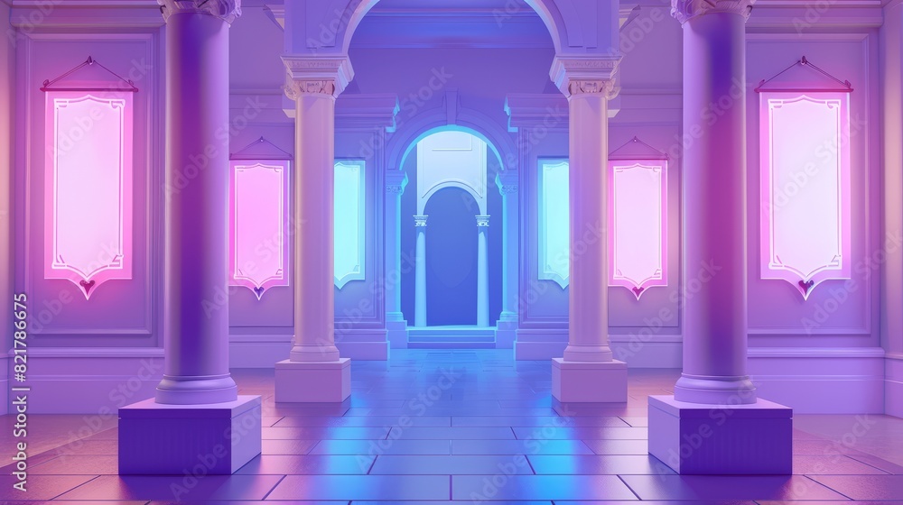 Aufkleber mock-up of archways with columns and illuminated blank signboards in the wall, rectangle interior ga