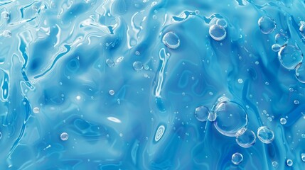 A realistic 3D modern illustration of an abstract background with air bubbles in blue water, a dynamic motion, transparent aqua, underwater fizzing as a random motion, an advertising design for