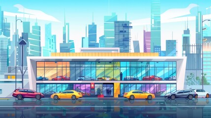 Showroom with automobiles on stand on city street. Modern illustration of urban landscape with luxury auto dealership. Design of building with exhibits outside.