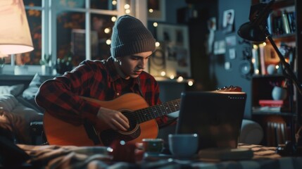 Obraz premium At home, talented young man plays guitar while reading chords from a laptop, blogging online, and practicing at his desk.