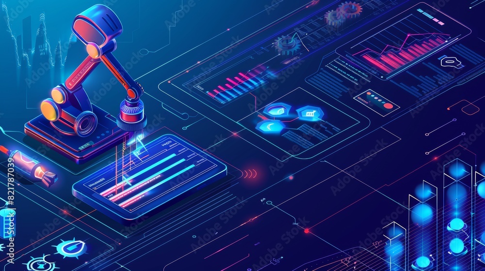 Poster the banner of a keyword research tool with an isometric chart on a blue background. the modern landi