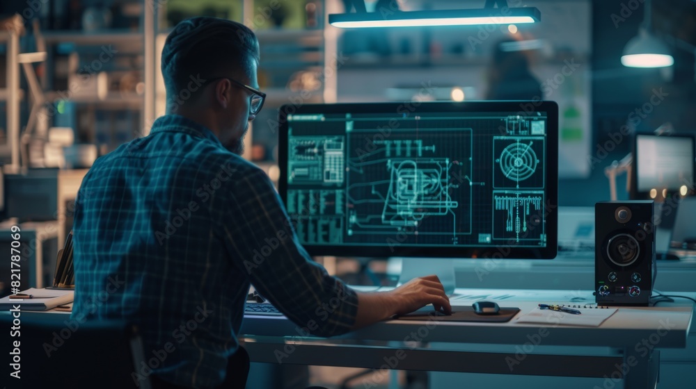 Poster over the shoulder photograph of an engineer working with a mock-up screen on a desktop computer. the