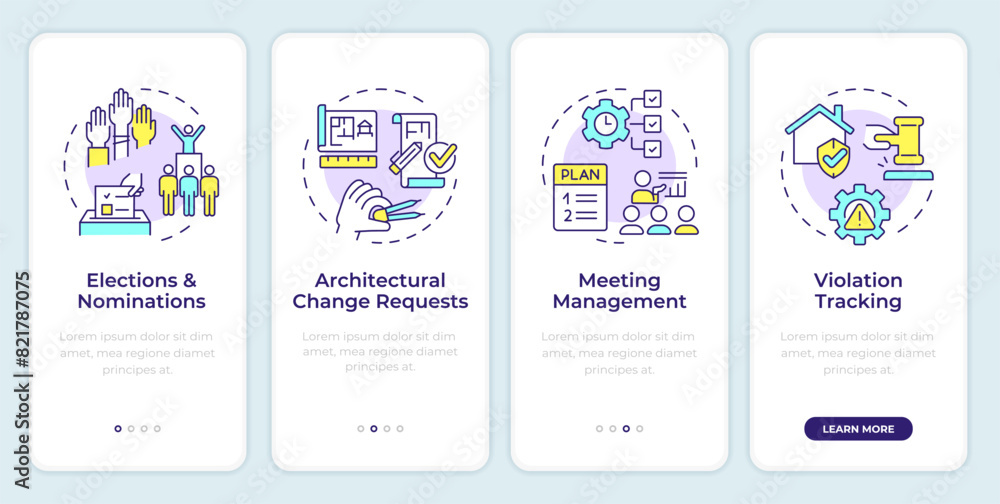Poster hoa management features onboarding mobile app screen. walkthrough 4 steps editable graphic instructi