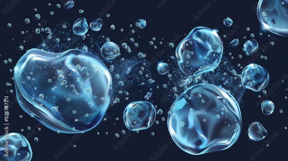 Poster an effervescent water fizz set with dynamic water motion, fizzy bubbles randomly moving underwater. 