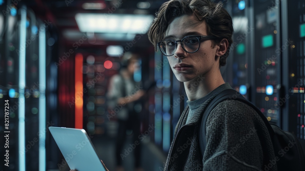 Poster typical smart focused young man holding laptop and working in the background technical department of