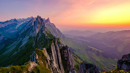 Schaeffler mountain ridge swiss Alpstein, Appenzell Switzerland, a ridge of the majestic Schaeffler...