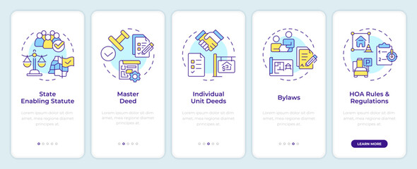 Condominium law administration onboarding mobile app screen. Walkthrough 5 steps editable graphic instructions with linear concepts. UI, UX, GUI template. Montserrat SemiBold, Regular fonts used