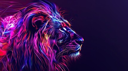 Naklejka premium Lion in abstract style, highlight graphic, ultra bright neon art, commercial, advertising, editorial, surreal. Isolated on dark background.