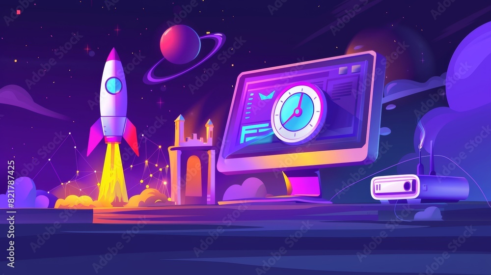Poster internet site quick traffic optimization engine plugin testing banner. computer desktop with speedom