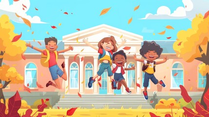 Cartoon illustration of jumping group of kids, white girl, Asian boy and black boy, in front of school building, back to school or holidays.
