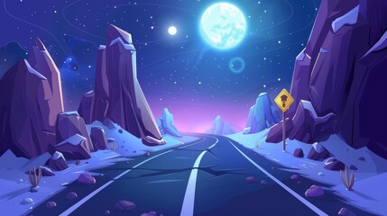 Seaside mountain road under full moon glow in starry sky. Rocky landscape with ocean, turn sign, speedway scenic backdrop Cartoon modern illustration.