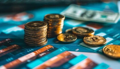 Stacks of gold coins on a table with a graph in the background.