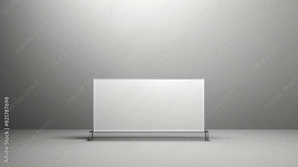 Poster realistic modern mockup of plexiglass stand with clear acrylic frame and empty plastic name plate fo