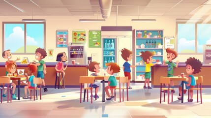 Children eat in the school canteen. Modern cartoon illustration of a cafeteria interior with tables, chairs, vending machines, water coolers, food trays, and staff at the counter.