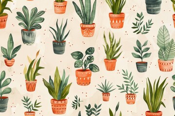 Assorted potted plants in colorful pots on a light background