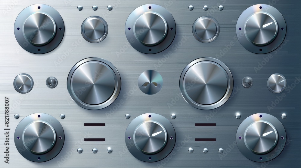Poster a modern realistic interface for audio or video application with silver buttons with icons for play,