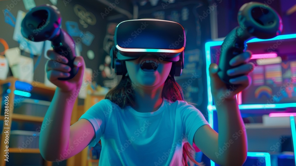 Poster cute elementary school computer science student learns virtual reality lessons using augmented reali