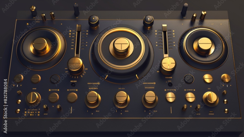 Poster modern realistic music control panel with gold colored buttons and play, stop, pause and power indic