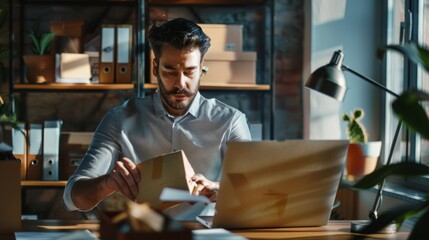 Fototapeta premium Picture of a creative man opening a parcel while sitting at his desk in a modern, bright office.