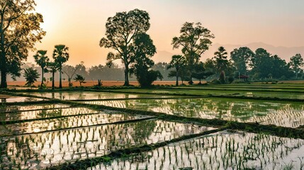 The sun sets behind tall trees while a serene rice field reflects shimmering water in the foreground