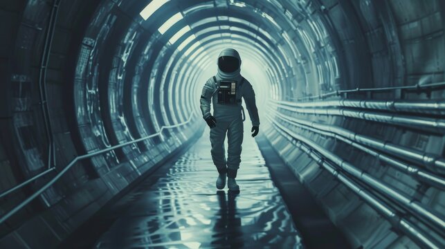 The image shows a confident, handsome Astronaut walking up to the camera in a metal tube tunnel. The man is wearing a futuristic suit and holds a device on his hand.
