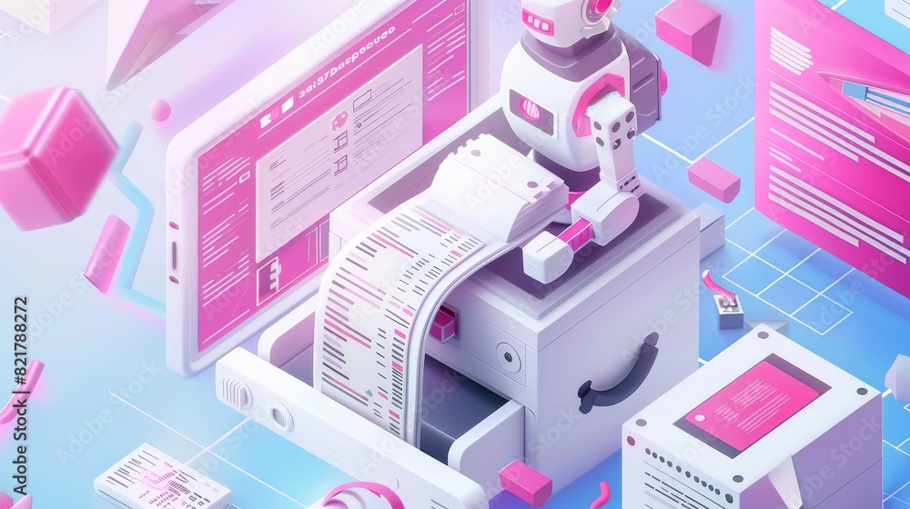 Poster a 3d modern banner showing a document processing landing page, archive documents on a conveyor belt,