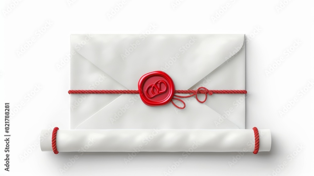 Poster this realistic 3d modern mockup shows a white envelope and scroll with red wax and rope. it can be u