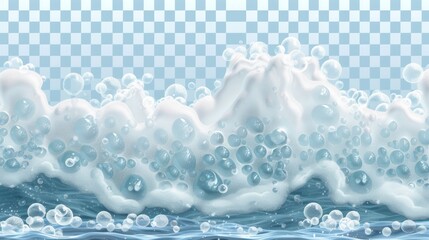 The foam or foamed beer is isolated on a transparent background. There are bubbles in the soap froth texture, seamless border, and foamy frame. Waves on the sea and detergent foam, realistic 3D