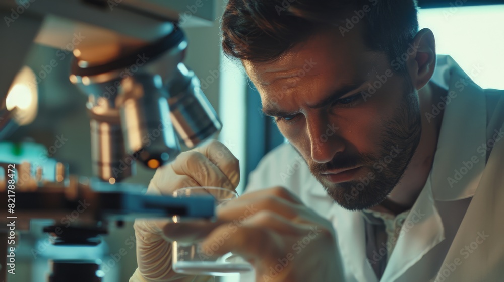 Poster The picture shows a Caucasian male scientist looking under a microscope and moving a small petri dish sample. Researchers working in an advanced scientific lab doing medical research and